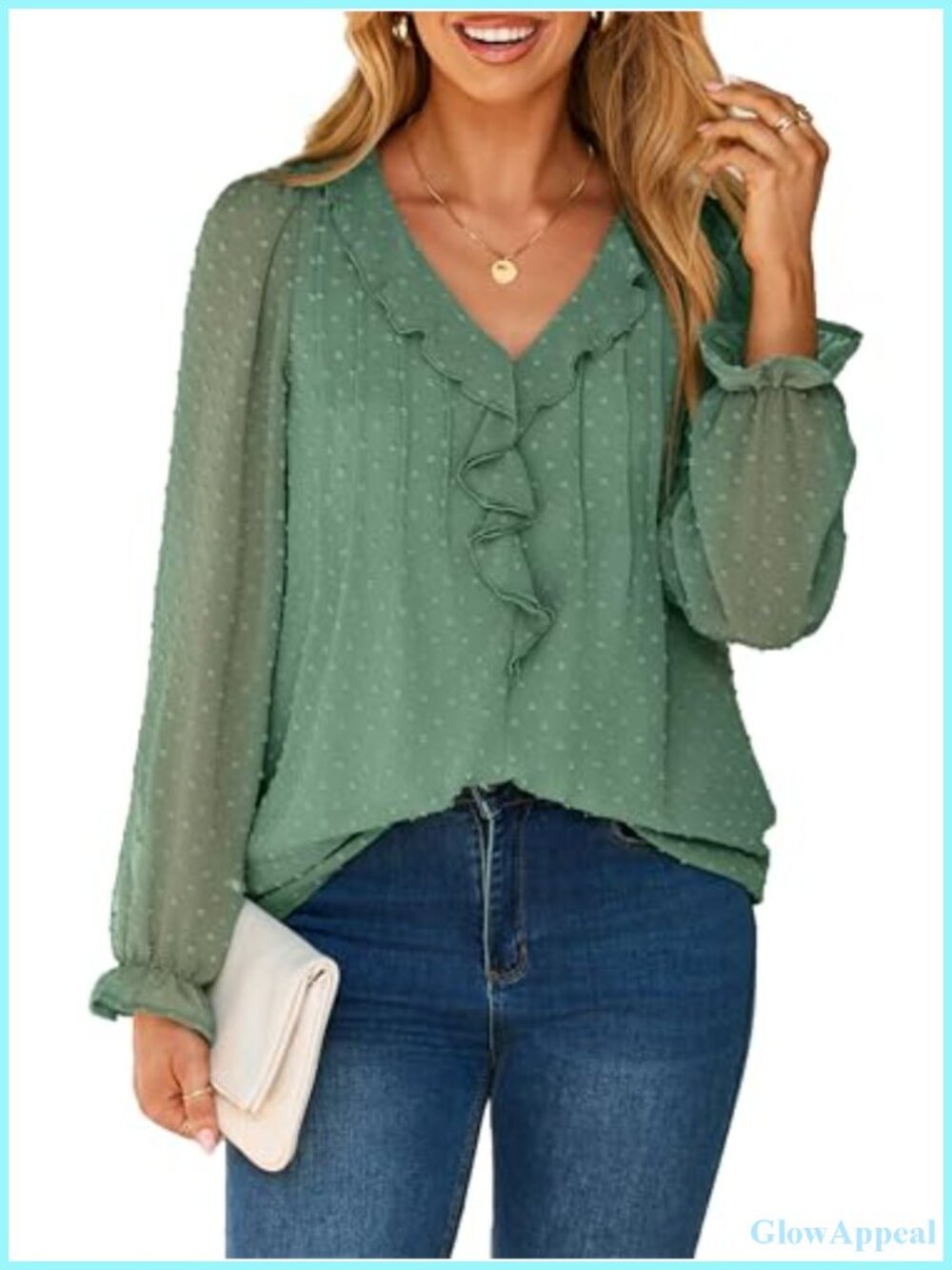 Women's V-Neck Ruffle Long Sleeve Chiffon Blouse Business Casual Work Top